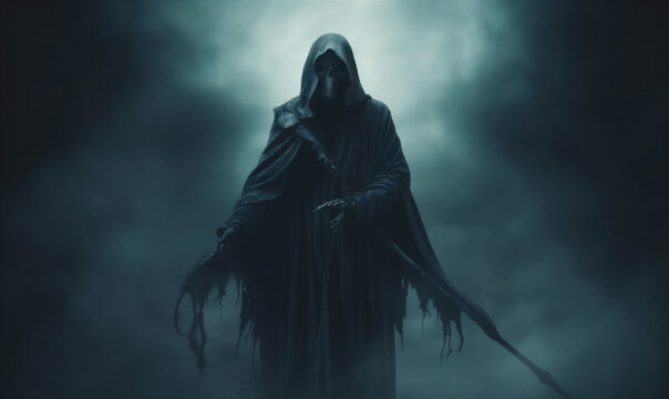 evil night horror hood creepy ghost fear halloween death skeleton. Generative AI.