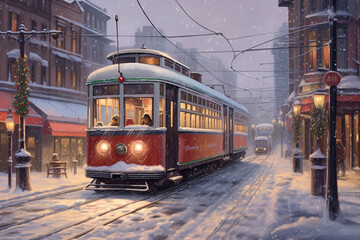 Illustration of a retro streetcar on a city street in winter
