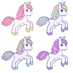 Running cute Cartoon Unicorns set. Illustration on transparent background