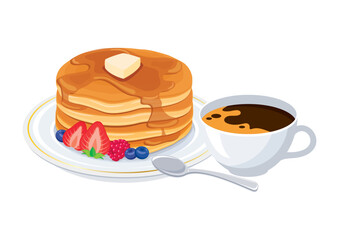 Coffee cup and pancakes with fruit vector illustration. Black coffee in a white cup and sweet pancakes on a plate icon vector isolated on a white background. Sweet breakfast still life drawing
