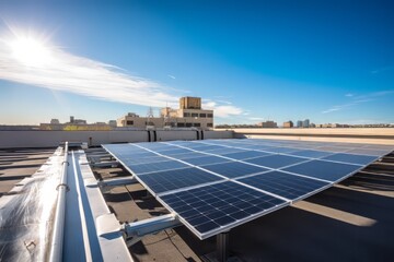 Solar Power in the Urban Landscape: A Captivating Photograph of a Vibrant Rooftop Adorned with Solar Panels, Harnessing the Sun's Rays for Sustainable Energy Generation