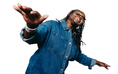 Mature black woman having fun with her arms outstretched on a transparent background