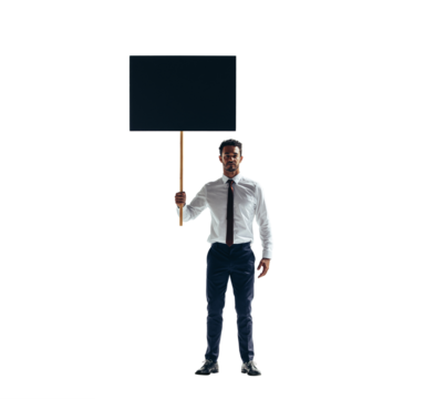 Protesting businessman holding up a poster on a transparent background