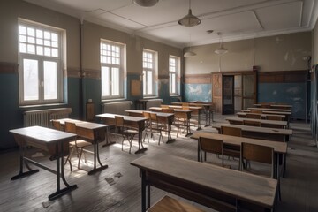 Photo classroom with school desks and greenboardempty school classroom. Generative AI