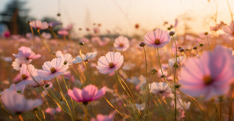 field nature background flower blooming meadow petal beautiful violet pink sunset. Generative AI.