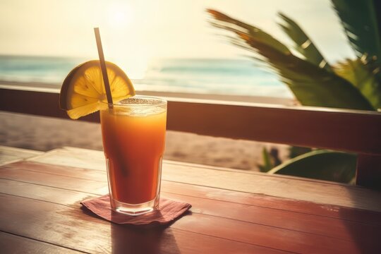 cocktail on the beach, Tropical Delight: A Refreshing Close-Up Photograph of a Fresh Iced Drink with Fruits on a Wooden Table, amidst a Vibrant Sunny Serene Tropical Beach with Palm Trees