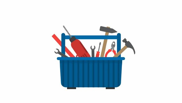 Toolbox animation with alpha channel. Drill, hammer, screwdriver, wrench, pliers, ruler in the blue box