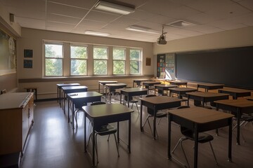 Photo classroom with school desks and greenboardempty school classroom. Generative AI