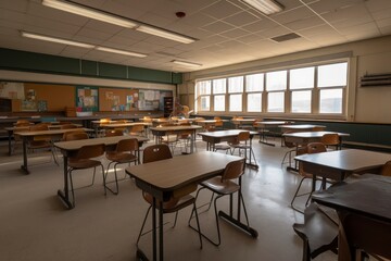 Fototapeta na wymiar Photo classroom with school desks and greenboardempty school classroom. Generative AI