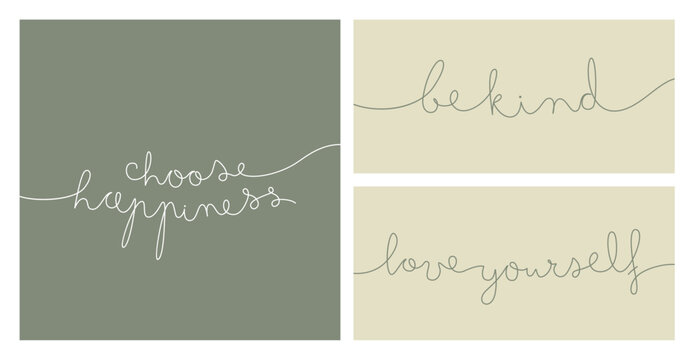 Positive thinking and affirmations phrases collection. Vector line art illustration set. Choose happiness, be kind, love yourself linear text isolated on green gray background.