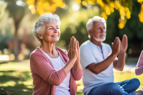 Senior adults practicing yoga in sunny summer day in the garden. Senior lifestyle active retirement concept. Generative Ai