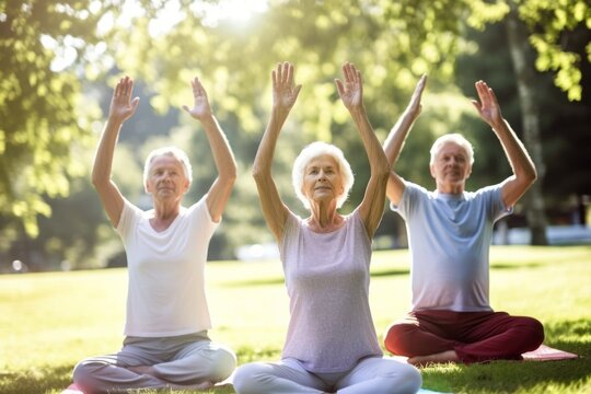 Senior adults practicing yoga in sunny summer day in the garden. Senior lifestyle active retirement concept. Generative Ai
