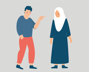 Man blames a woman with hijab and make fun of her. Muslim wife offended and abused by her husband. Couple argue and fight. Stop bullying women. Concept of domestic violence, racism and stereotype.