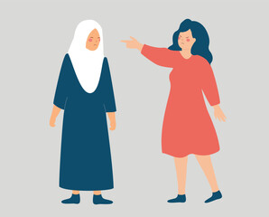 Woman blames and accuses a woman with hijab. Muslim female feeling sad due to abuse and harassment. Stop violence and bullying. Concept of verbal assault, discrimination and stereotype. Vector stock. - obrazy, fototapety, plakaty