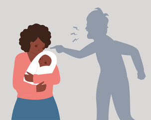 African American mother protects her child from a man's shadow that threats and yell at them. couple argue and fight. Concept of family abuse, domestic violence. Stop bullying women. Vector stock