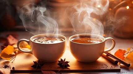 Cups of coffee with steam
