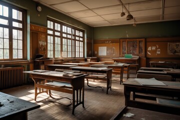 Fototapeta na wymiar Photo classroom with school desks and greenboardempty school classroom. Generative AI