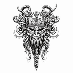Viking head art tattoo in black and white