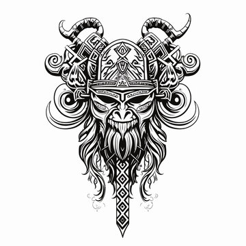 Viking head art tattoo in black and white