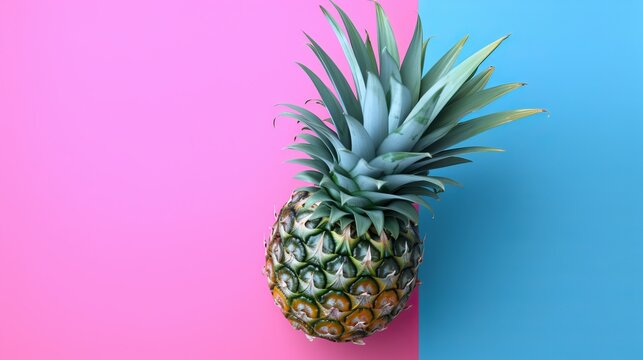 pink pineapple on blue background top view