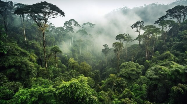Rainforest Landscape With Trees And Fog