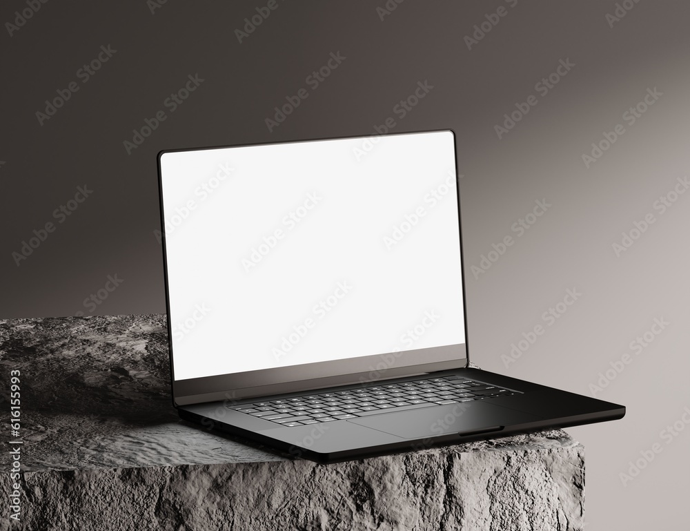 Canvas Prints realistic laptop mockup white blank screen with realistic light and shadow overlay on concrete dark 