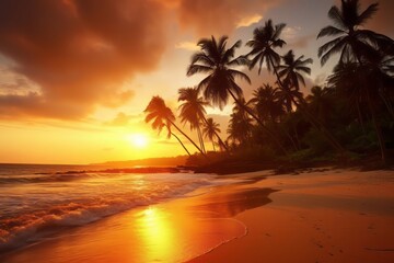 Fototapeta na wymiar sunset on the beach, Coastal Tranquility: A Breathtaking Photograph of a Vibrant Sunset over a Serene Tropical Beach with Palm Trees and Gentle Waves, a National Geographic Masterpiece