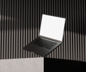 Fototapeta Realistic Laptop Mockup white blank screen with realistic light and shadow overlay on concrete dark scene 3D illustration Realistic rendering. obraz