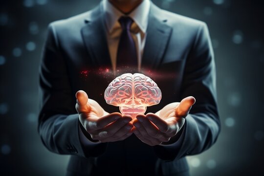 Business Hands Holding Paper Brain. Generative AI