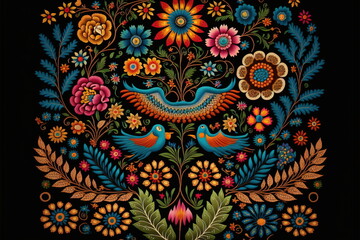 Traditional Mexican embroidery with wondrous textile featuring symmetric intricate patterns of seamless colorful birds and flowers as decorative artwork by Generative AI.