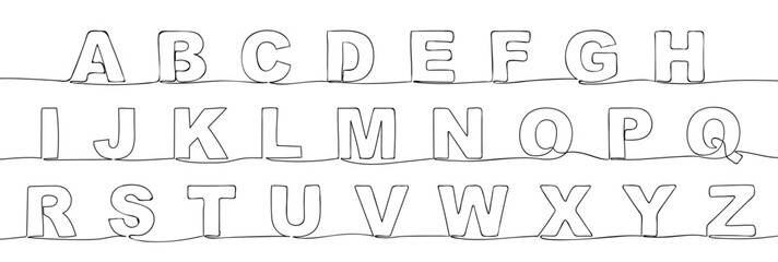 Alphabet in one line. Letters in a solid continuous line. Vector