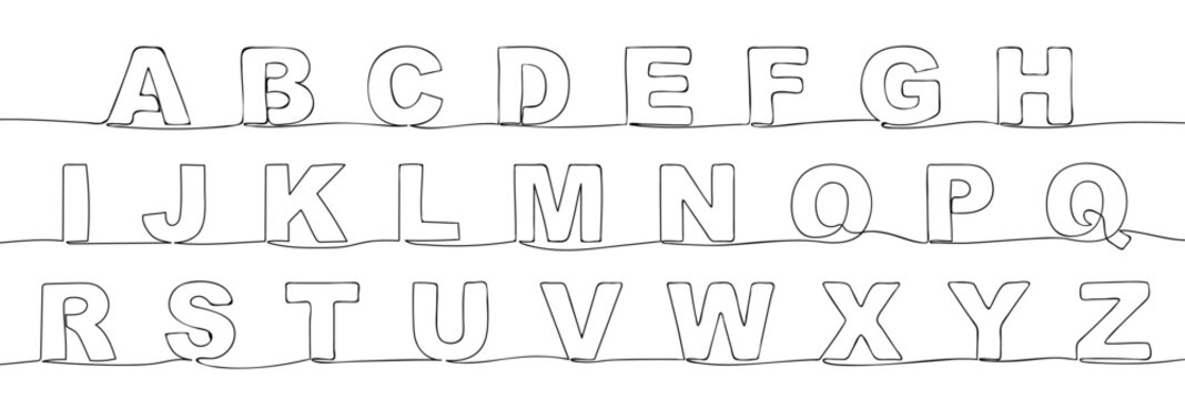 Alphabet in one line. Letters in a solid continuous line. Vector