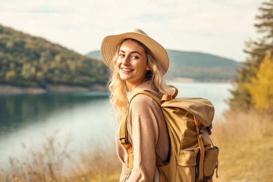 Woman with backpack hiking in nature