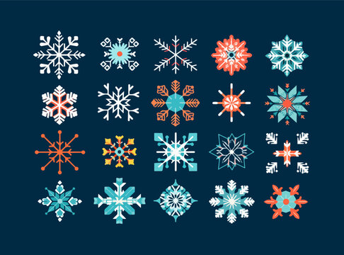 Vector isolated illustration of snowflakes set. Christmas decor. Winter patterns.