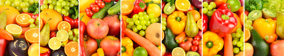Wide background of fresh vegetables, fruits separated by vertical lines.