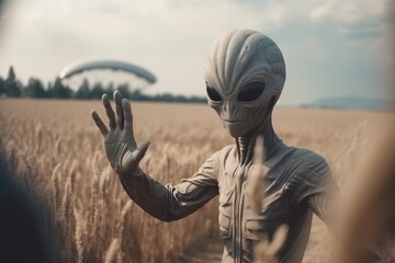 Aliens on planet earth, UFO in field. Aliens come in peace, galactic humans wave hello. generative ai.