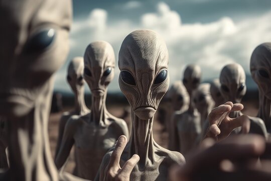 Aliens on planet earth, UFO in field. Aliens come in peace, galactic humans wave hello. generative ai.
