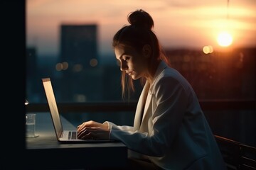 A young girl works from a computer on the Internet, earning money online, against the background of the city. A woman earns at the table, against the background of the sunset at night. generative ai.