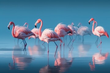 Many flamingos swim in the water against the background of a beautiful sky, pink birds in nature in the tropics. generative ai.