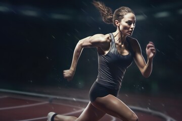 Fototapeta na wymiar Girl running, female athlete running, professional running training on stadium background. generative ai