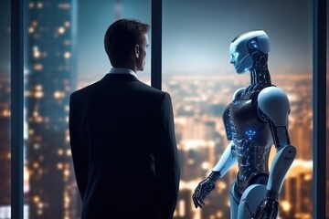 Fototapeta na wymiar Artificial intelligence digital technology concept. Human and robot talking, communication 