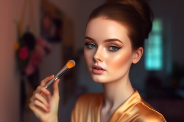 A girl in a make-up studio is doing professional make-up, preparing for a party with a bone in her hands, a date. generative ai.