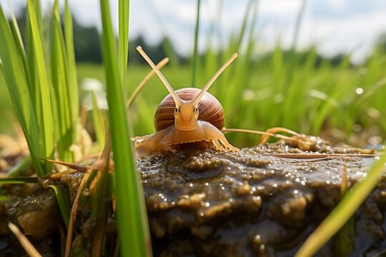 Tiny Snail Among Grass Blades. Generative AI