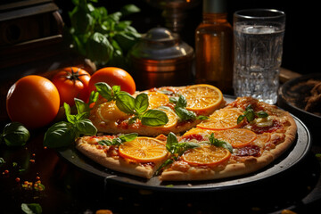 Obraz na płótnie Canvas Photorealistic pizza with tomatoes and pepperoni and basil on the plate standing next to a glass near the window in cafe. Promotional photo. Generative Ai