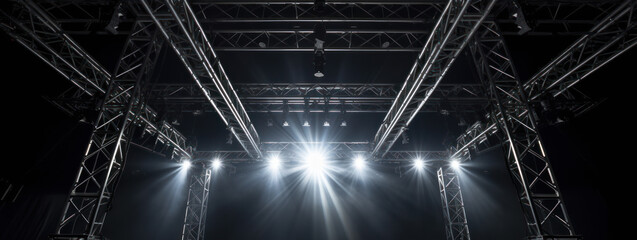 A Live stage production overhead trusses and lighting in a live venue. Stage rigging equipment. hand edited generative AI. 