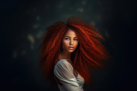 Black skin woman model with long red curly hair and grey eyes. African Ethnic female face with interesting hairdo. Close up beauty portrait of beautiful young african woman, created with generative ai