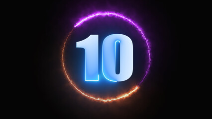 10 monogram.  Abstract neon letter 10 logo design with fire circle. Number nine glowing in the dark Line creative symbol. Bright Neon Font Number 10. Night Show Alphabet. 3d Rendering Isolated