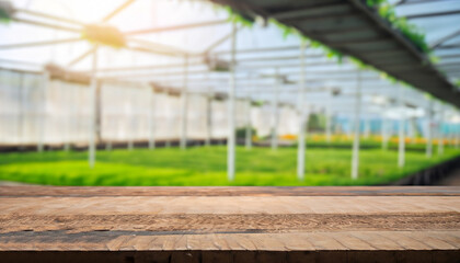 Wooden table top on blur plant vegetable or fruit organic farm background. For place food, drink or health care business. Fresh landscape and relax season concept. View of copy space.