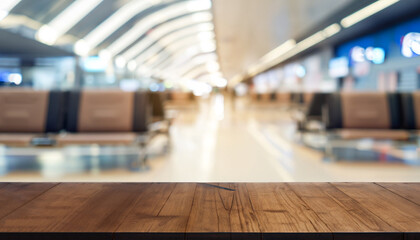 Fototapeta na wymiar Empty wooden table and Abstract blur airport interior for background