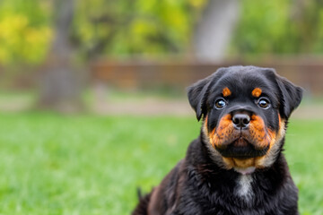 Fototapeta premium Small baby dog, puppy close-up. Walking a dog in a city park